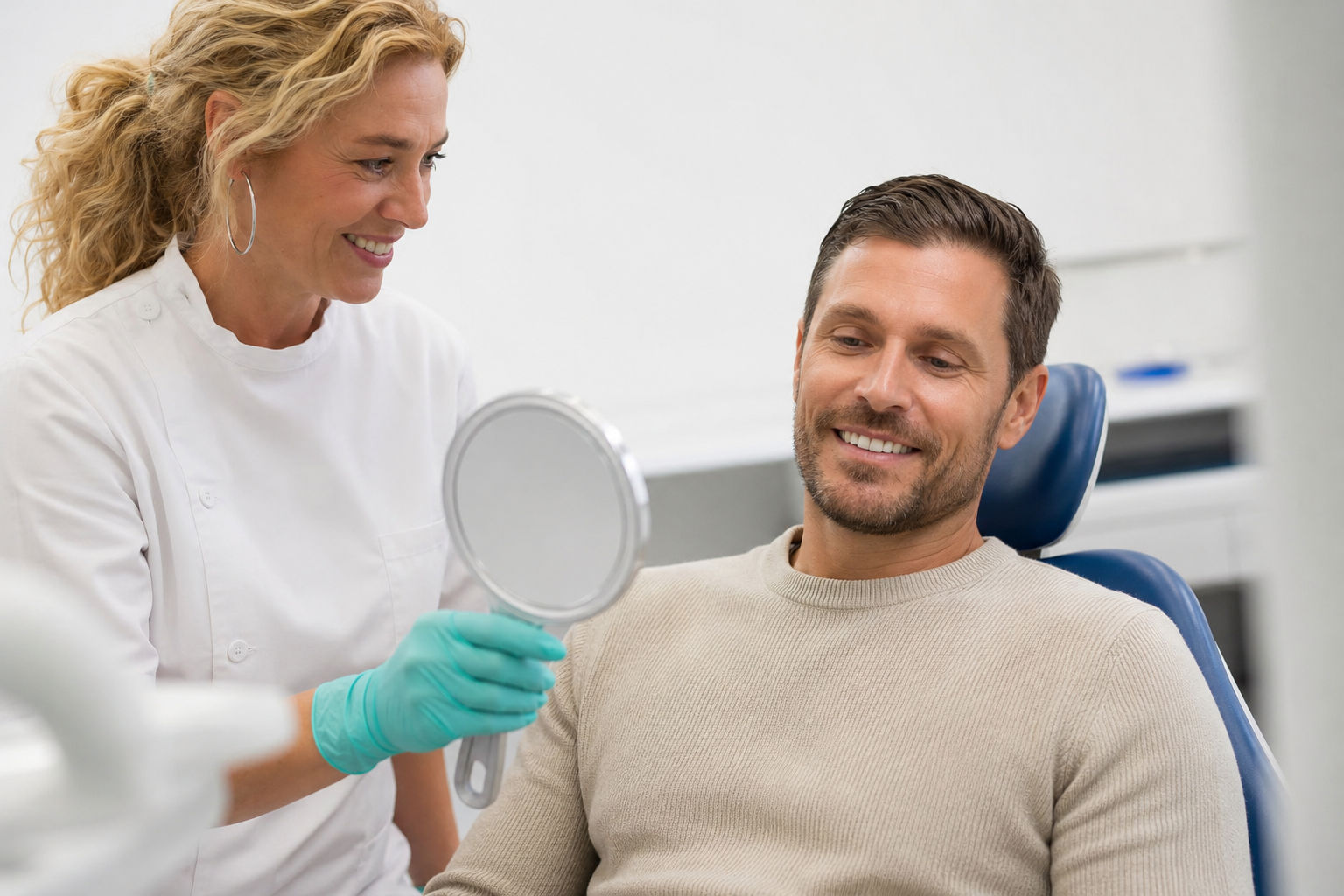 Controllo del sorriso con specchio in studio dentistico
